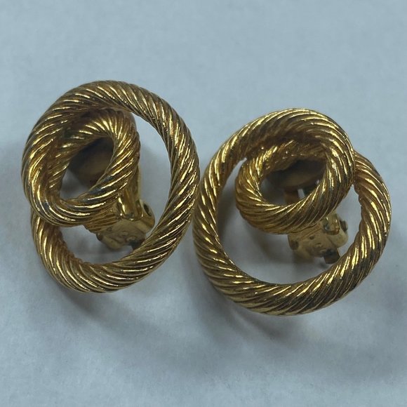 Gold Tone Metal Twisted Rope Swirl Cable Clip-on Earrings Vintage Womens - Picture 2 of 16